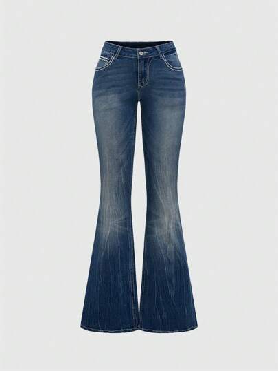 Grunge Punk Jean évasé slim vintage sexy Y2K avec broderie ailes de poche croisées pour femmes. Jean bleu marine court taille basse, jambe évasée, stretch, pour femmes avec courbes, à porter au quotidien au printemps/automne