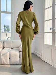 Modelyn Ladies' Solid Color Lantern Sleeve Casual Long Sleeve Dress - Olive Green - View 2