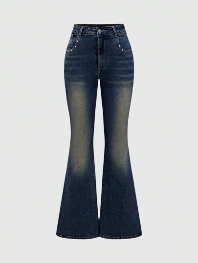 Goth Jeans acampanados con bordado de calavera en la espalda y aplicaciones de strass, para mujer, estilo Y2K, para la escuela