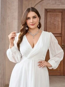 Plus Size Deep V-Neck Solid Color Asymmetric Hem Casual Long Sleeve Dress White Elegant Spring - White - View 4