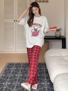 DAZY Conjunto de pijama con hombros caídos con gráficos de letras y caricaturas