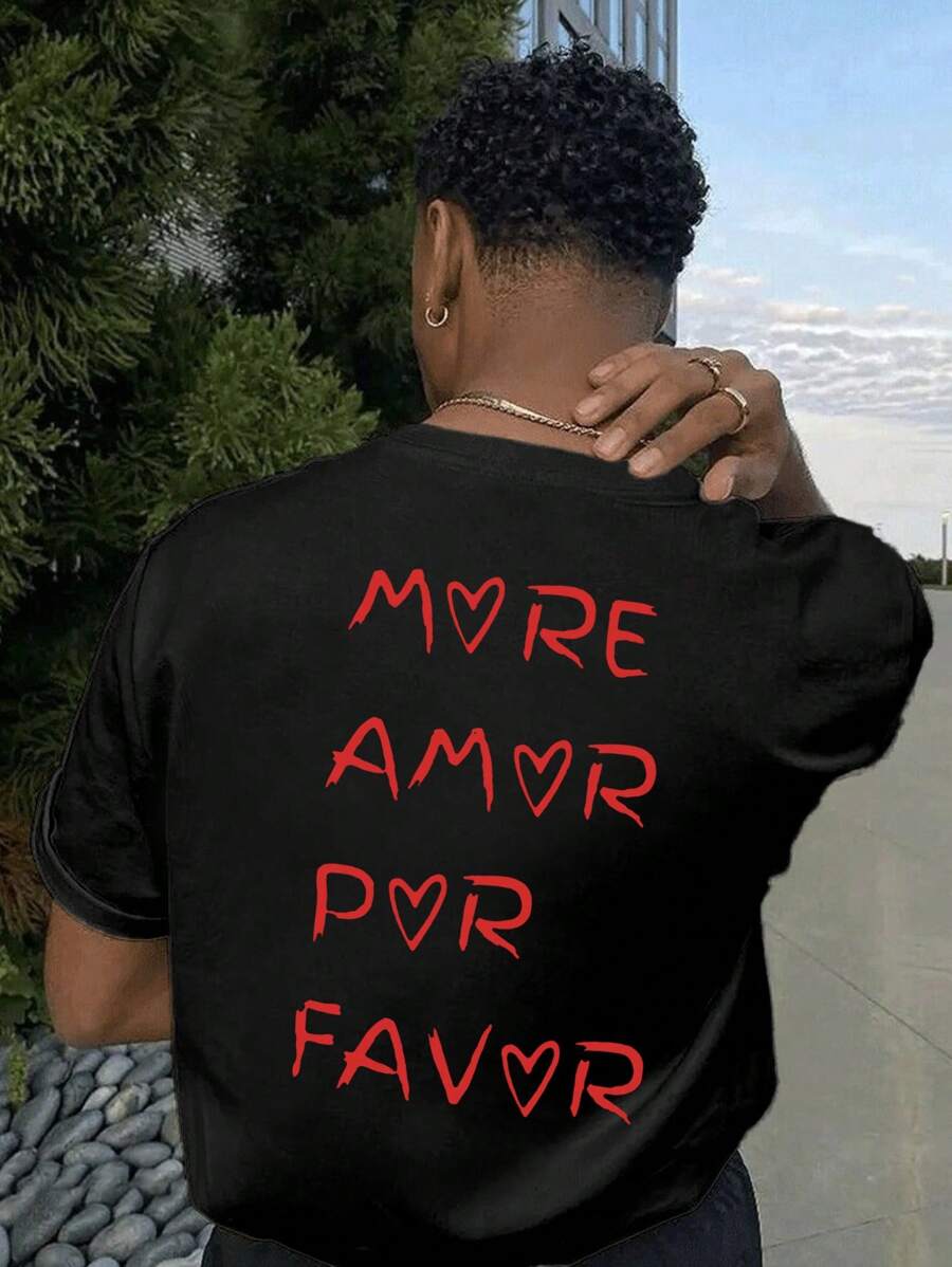 Manfinity Dauomo 男士夏季字母和心形印花圓領短袖休閒T恤