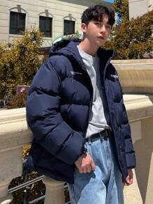 DAZY Winter Men's Loose Letter Print Padded Coat - Navy Blue - View 11