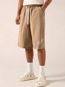 Manfinity VCAY Men's Drawstring Waist Knitted Casual Shorts With Letter Print - Rust Brown - View 1