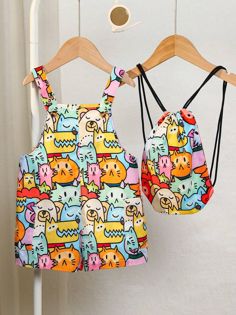 SHEIN Conjunto de 2 piezas de pelele con estampado de animales de dibujos animados y mochila para bebé niño - Amarillo - Ver 1