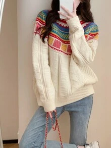 獨特減齡彩色幾何圖案圓領套頭衫