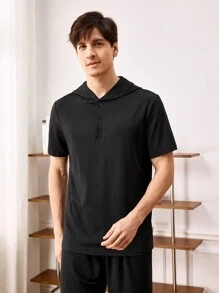 Men's Summer Solid Color Short Sleeve Hooded Homewear Top - Black - View 4