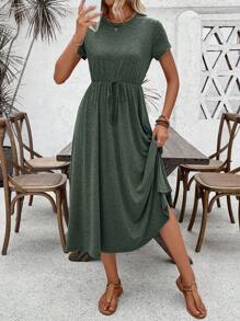 SHEIN LUNE Women's Summer Solid Color Short Sleeve Round Neck Tie Waist Casual Long Dress