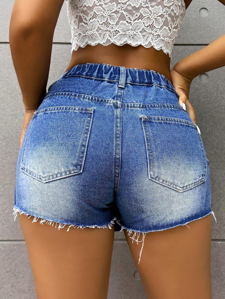 Sexy Women's Denim Shorts Dress With Attached Skirt, Blue
