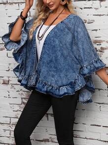 SHEIN LUNE Chaqueta de mezclilla con encaje de moda para mujer para usar a diario - Azul lavado oscuro - Ver 6