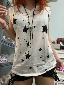 INAWLY 女性夏季休閒V領背心上衣，印有星星圖案 - 白色 - 查看 3