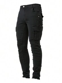 Men's Fashionable Multi-Pocket Stretchy Slim Fit Casual Jeans - Black - View 3