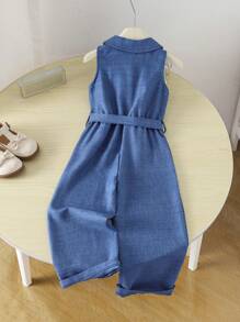 SHEIN Genkimix Kids 年轻女孩度假休闲时尚领口纽扣前连体裤，配腰带，采用舒适柔软的抗皱牛仔效果面料制成，非常适合秋季、野餐、郊游、姐妹装和日常穿着