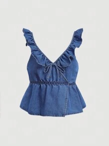 SHEIN Juniors' Casual Holiday Denim Top With Ruffle Trim