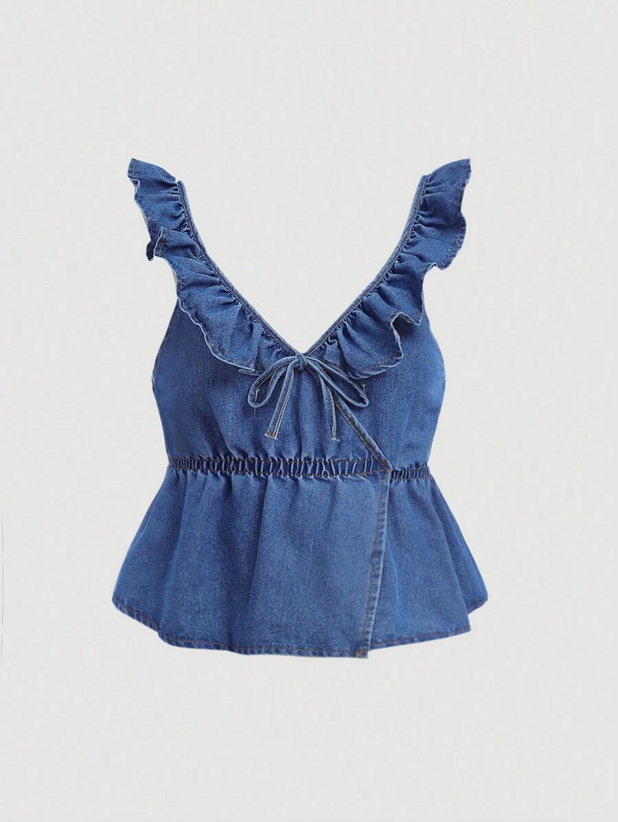 SHEIN Juniors' Casual Holiday Denim Top With Ruffle Trim