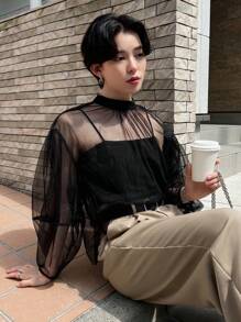 Women's Semi-Transparent Mesh Decorated Fashion Shirt - Black - View 5