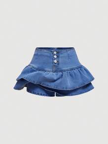SHEIN MOD 女裝雙層洋裝牛仔裙，帶鈕扣和荷葉邊設計 - 中等水洗藍 - 查看 3