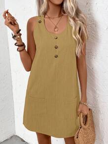 SHEIN LUNE Vestido de tanque sólido con botones en la parte frontal y bolsillos dobles