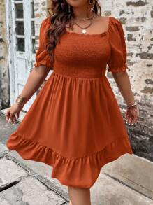 SHEIN Clasi Vestido de manga abullonada con cuello cuadrado grande y dobladillo con volantes para tallas grandes - Naranja Quemada - Ver 5
