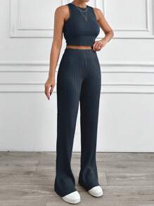 EURMUSE Cotton Rib Knit Crop Tank Top And Pants Casual Sets - Navy Blue - View 3