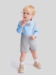 SHEIN 嬰兒男寶鈕扣前衣襯配捲邊短褲 - 藍色 - 查看 3