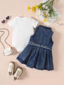 Baby Girl Simple Short Sleeve Top & Fashionable Denim Dress Set - Multicolor - View 2