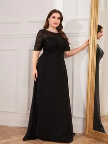 XUIBOL Plus Size Sequined Accent Mesh Cocktail Evening Dress Black Elegant Formal Prom Wedding Guest Gown, For Graduation, Dinner - Black - View 7
