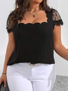 Celure Camisa de encaje de contraste de cuello cuadrado con ventilador de unicolor de tamaño grande para mujer en verano - Negro - Ver 4