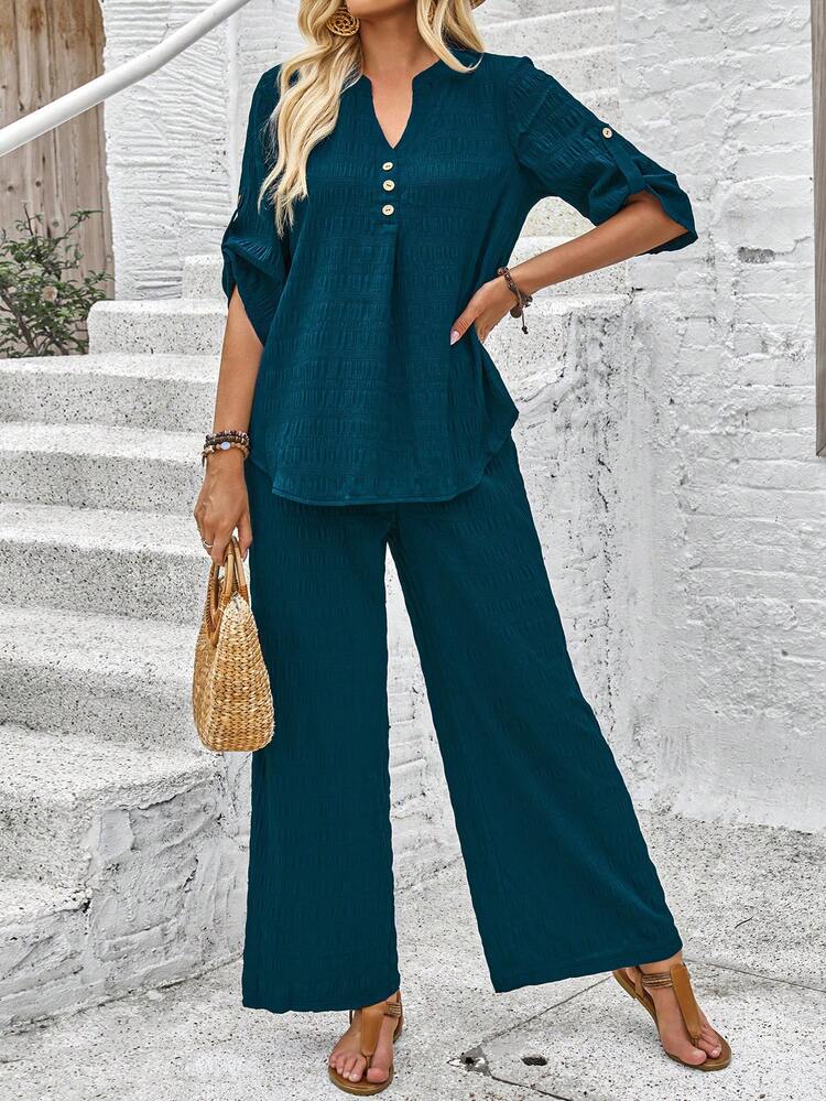 Textured Fabric Solid Green Women Casual Tops And Trousers Summer Two-Piece Suit