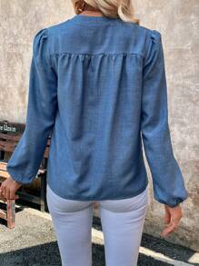 SHEIN LUNE V-Neck Bamboo Fabric Woven Vintage Style Long Sleeve Women Blouse - Blue - View 2