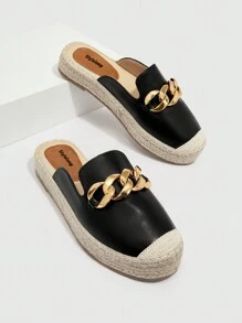 Styleloop Zapatos de mujer de moda Zuecos tipo alpargata con decoración de cadena negra para el verano, rebajas de verano, vuelta al colegio, calzado universitario, zapatos con estilo bohemio y vintage francés para Navidad, Año Nuevo y otoño.