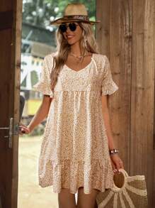 Breezaya Floral Printed Short Sleeve V-Neck Dress With Ruffle Hemline, Summer