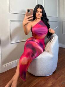 SHEIN SXY Áo thun in họa tiết nhuộm loang một bên vai gợi cảm mùa hè có đường xẻ cao, kết hợp với chân váy bó sát cạp cao Bộ trang phục Clothes Western Wear Trang phục sinh nhật Tiệc độc thân Câu lạc bộ hòa nhạc Tiệc tốt nghiệp - Nhiều màu - Xem 6