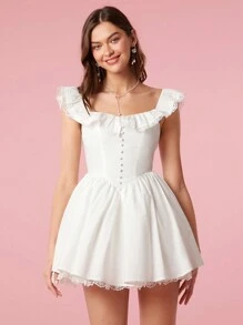 Enchnt 襯邊鈕扣前綁帶露背蕾絲連衣裙 - 白色 - 查看 6