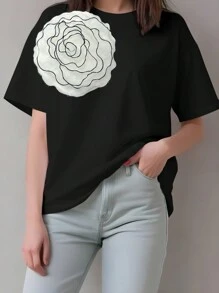 SHEIN LUNE Áo thun nữ dáng rộng thời trang: In hoa 3D cỡ lớn, màu sắc tương phản, áo thun tay ngắn cổ tròn thông thường, trang phục dạo phố sang trọng - màu đen - Xem 3