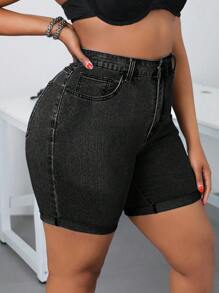 SHEIN SXY Plus Size Denim Shorts, Fashionable For Summer - Dark Grey - View 4