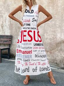 EMERY ROSE Women's Sleeveless Fashionable Summer Dress With Notched V-Neck And Printed Design Maxi Women Outfit - White - View 5