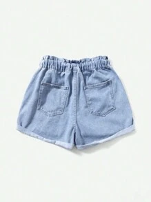 Pantalones cortos de mezclilla para mujer de cintura alta y ajuste suelto con cinturón y dobladillo enrollado en los bolsillos - Lavado ligero - Ver 2