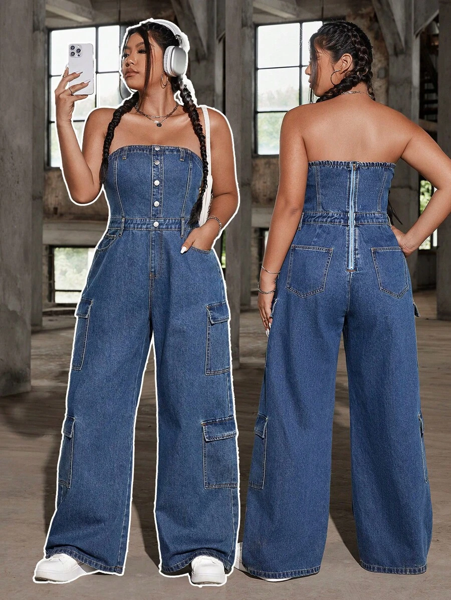 SHEIN EZwear Bộ áo liền quần denim cỡ lớn màu xanh lam, dáng rộng vừa vặn tổng thể - Màu xanh lam - Xem 1
