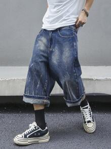 Manfinity EMRG Men's Loose Fit Wide Leg Denim Shorts With Pockets, Knee Length - Medium Wash - View 1