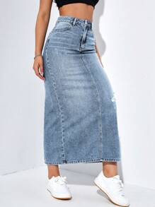 SHEIN EZwear 女式實色高腰破洞牛仔裙 - 淺藍色 - 查看 5