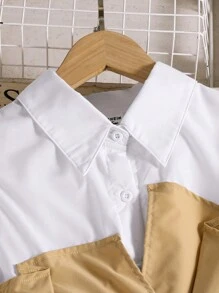 Conjunto de 2 piezas para adolescentes, camisa de cuello con solapa de manga corta y pantalones anchos de color contrastante, verano - Caqui - Ver 3
