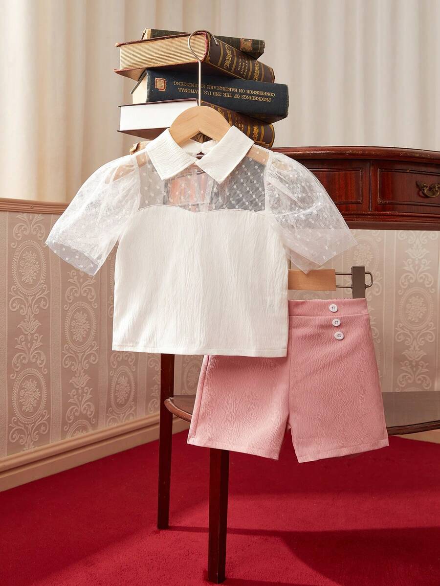 SHEIN Bộ 2 quần short rộng rãi thoải mái cho bé gái mùa hè có cổ áo sơ mi và áo lưới mỏng tay ngắn tương phản - Nhiều màu - Xem 1