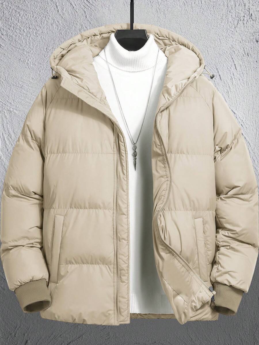 Manfinity Homme Men Drawstring Hooded Zipper Puffer Coat Without Jumper - Khaki - View 1