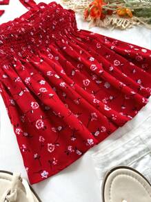 Soleia 女士夏季假期红色满版花卉印花系带肩部荷叶边下摆荷叶边可爱午餐休闲返校上衣 - 紅色 - 查看 3