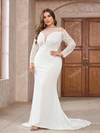 Plus Size Women Contrast Lace Mermaid Hem Wedding Dress Plus Size White Elegant Long Sleeve Bridal Dress