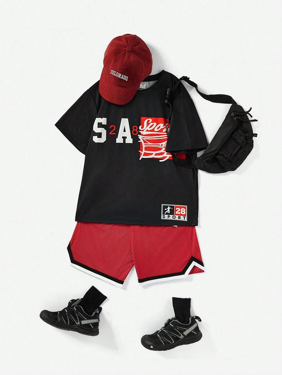 Kids Tween Boys' Casual Sports Print Round Neck Pullover Short Sleeve T-Shirt And Woven Belt Shorts Knit Two-Piece Set - Multicolor - View 1