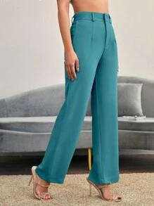 SHEIN LUNE Solid High Waist Suit Pants For Dailywear In Fall/Winter - Cadet Blue - View 5
