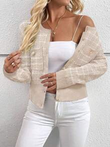 EMERY ROSE Plaid Pattern Patch Pocket Cardigan,Long Sleeve Tops Fall Winter Cloth For Women - Beige - View 6