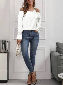 INAWLY Women's Summer Elegant Solid Color Off-Shoulder Shirt With 3D Floral Decoration - White - View 8